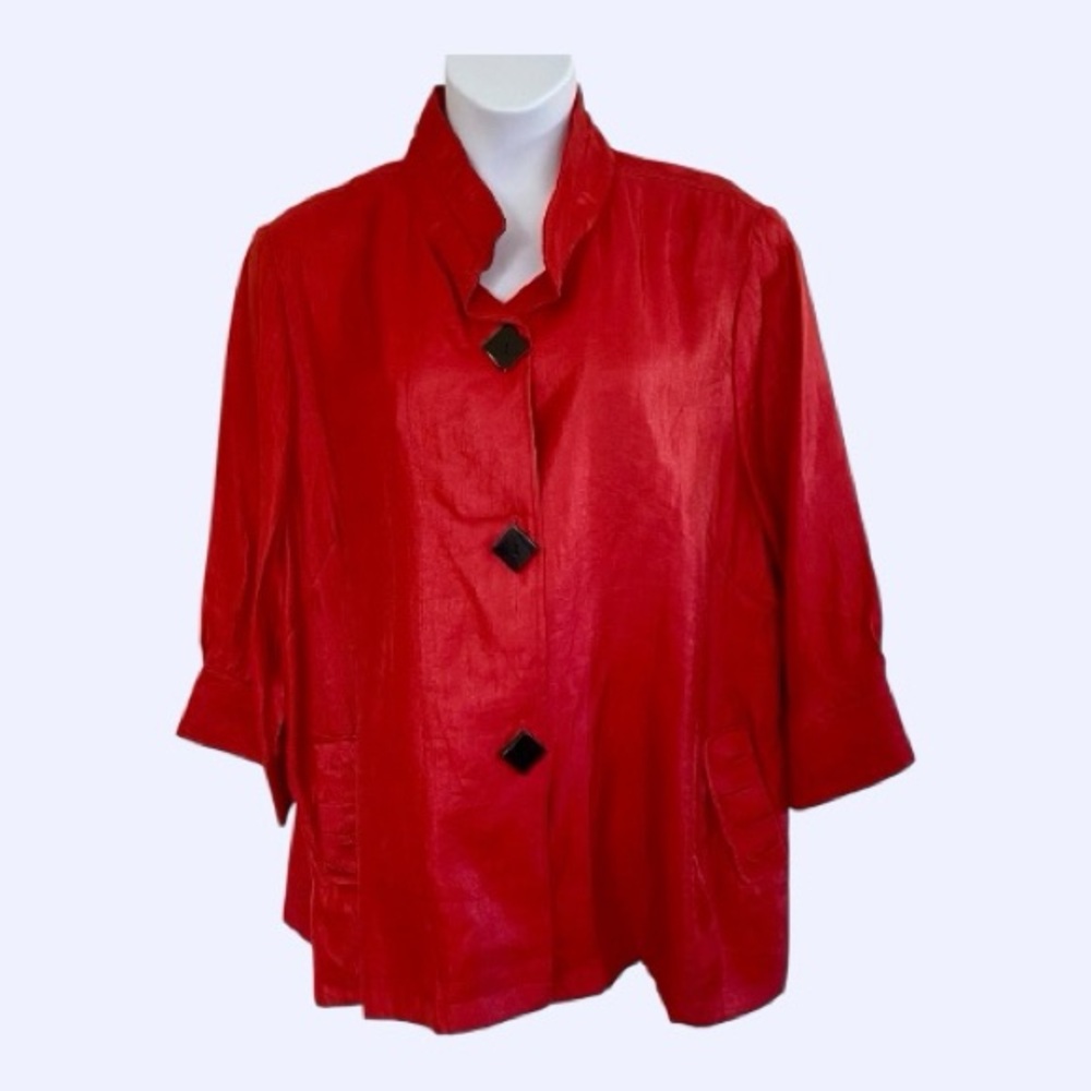 Ali Miles Button Front Tunic Top 3X Vibrant Red Wired Stand Up Collar Holiday